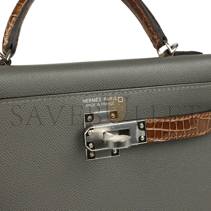 HERMÈS MASTER MINI KELLY SELLIER GRIS MEYER MADAME AND FICELLE SHINY ALLIGATOR TOUCH PALLADIUM HARDWARE (19*12*5.5cm) 